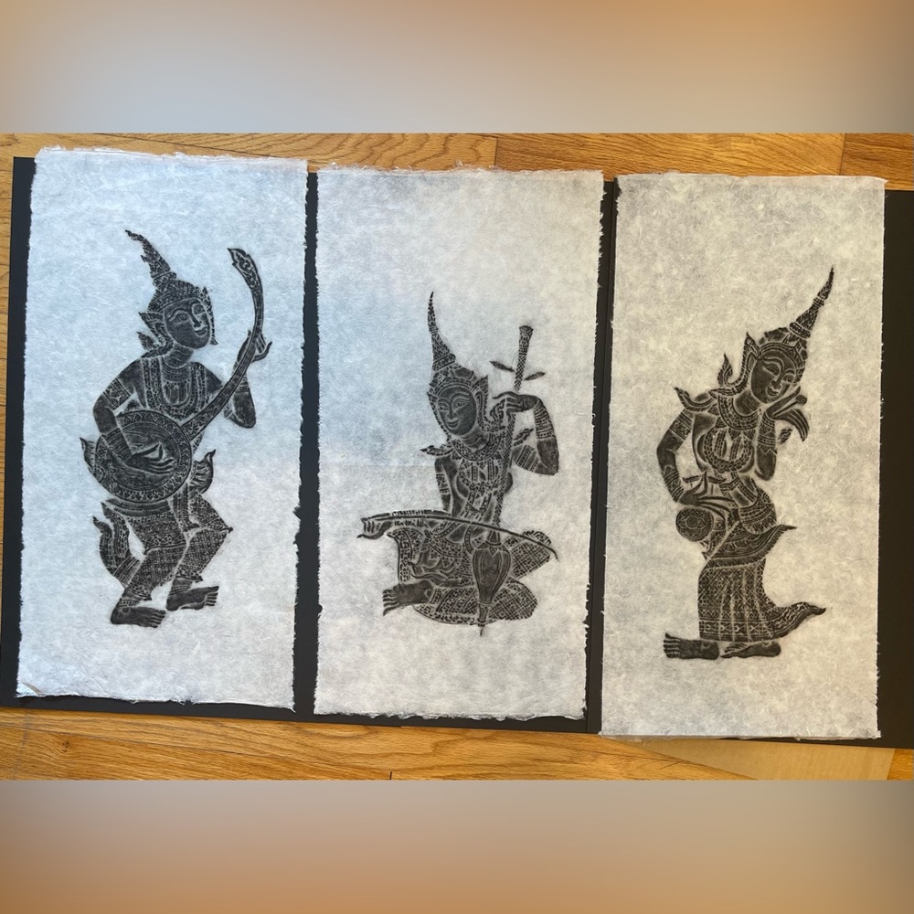 3 Traditional Thai Art Rubbings - Musicians & Dancer on Rice Paper